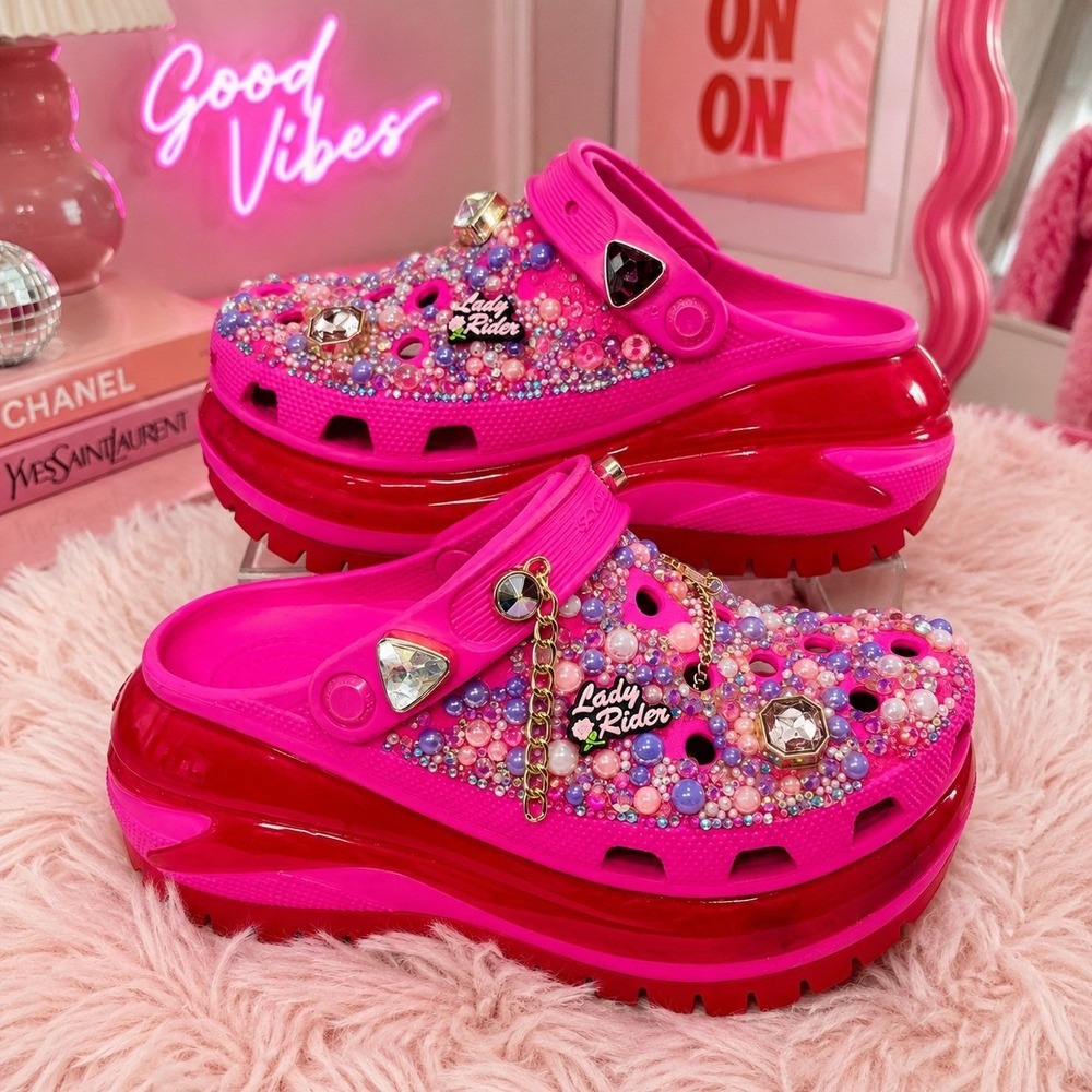 CROCS Pink Rhinestone Bejeweled Platform Mules